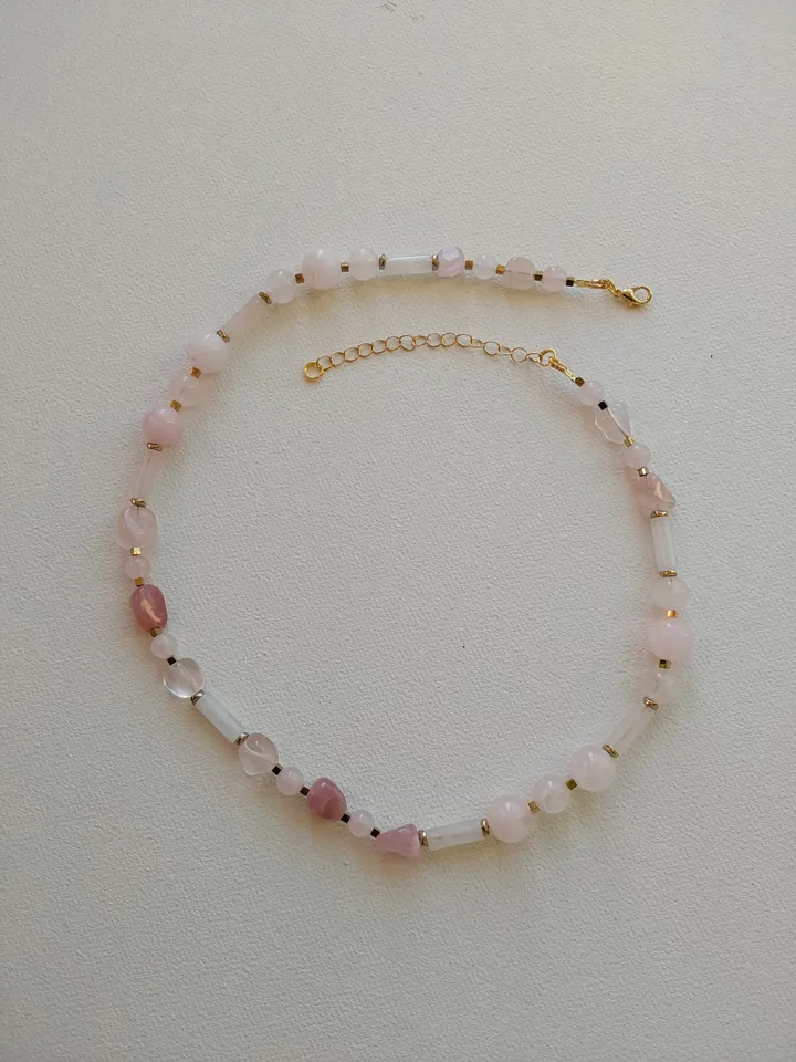 Choker, necklace, beads made of natural stones. Rose quartz and hematite. 45-50 cm. Delicate, airy decoration for the neck