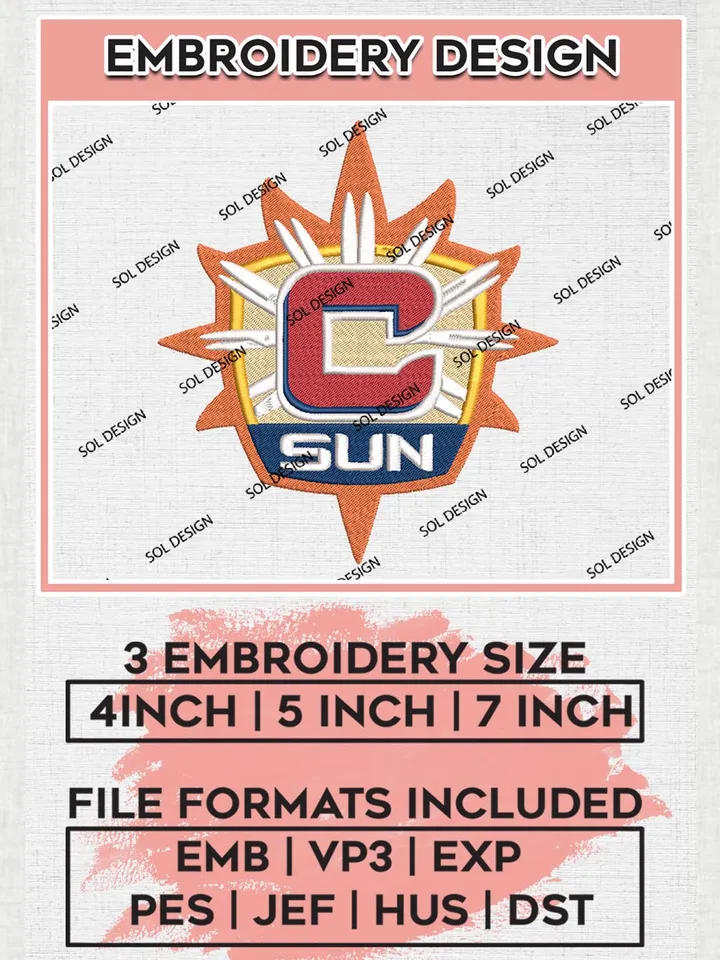 Connecticut Sun Team Logo Embroidery Files, WNBA Connecticut Sun Team Embroidery Designs, Basketball Teams, 3 sizes, Machine embroidery designs, Digital Download