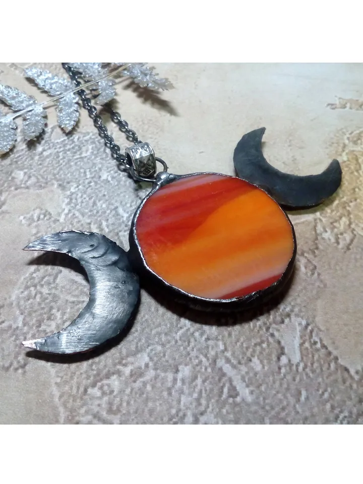 Hecate necklace, Pentacle, Moon Goddess, Stained glass moon, Moon phase necklace, Stainglass crescent, Full moon pendant