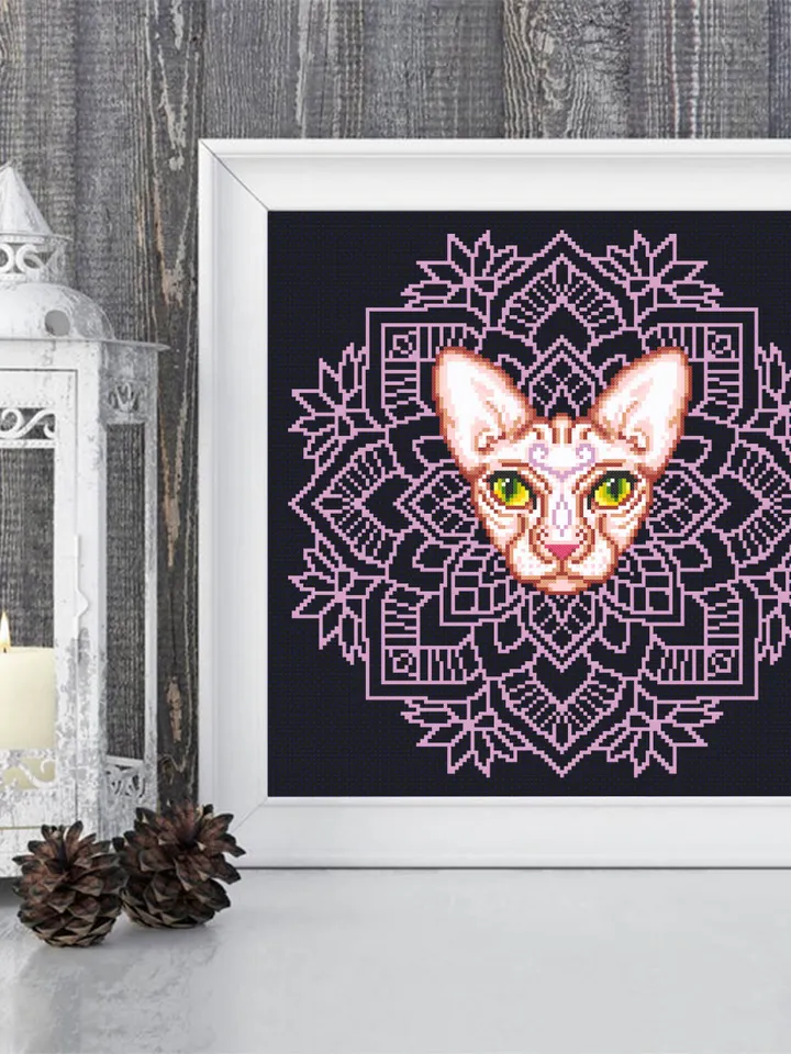 Mandala cat cross stitch pattern download PDF, Sphynx cat cross stitch chart, Easy mandala pattern digital PDF, Modern beginner stitch #M129