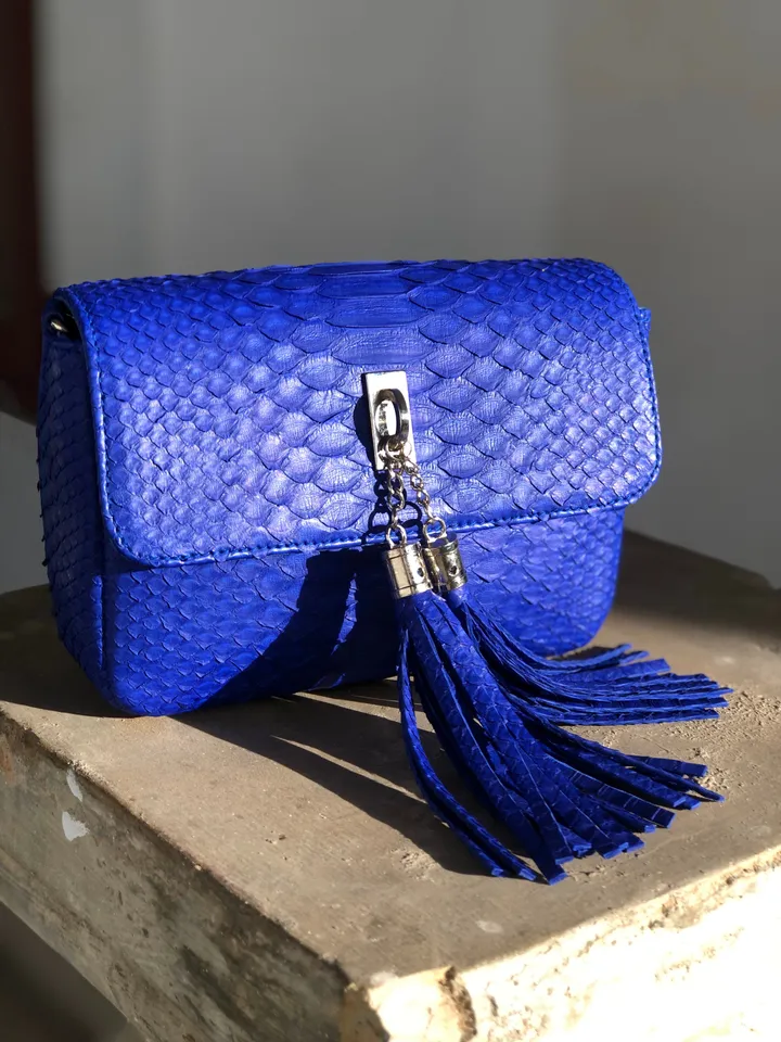 Bright blue Python skin tassel bag | electric blue chain crossbody bag | Leather designer bag | Exotic skin bag | Small crossbody Bag tassel