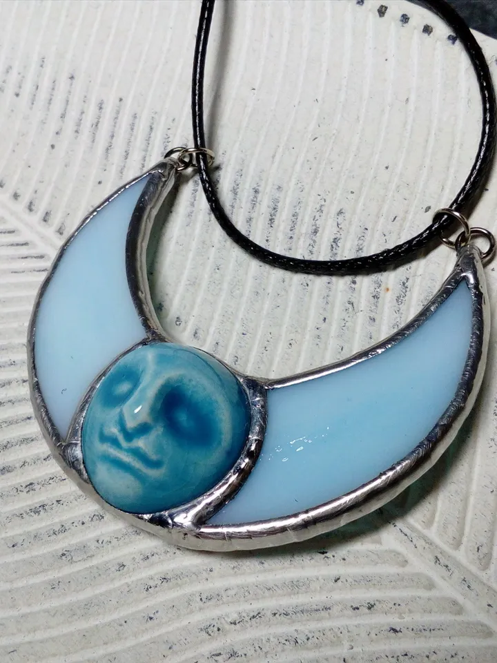 Stained glass blue moon, moon phase necklace, stainglass crescent, full moon pendant, moon face