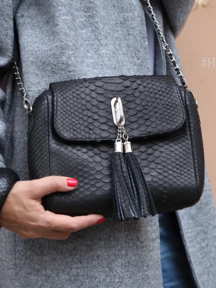 Genuine Python Skin Classy Crossbody Chain Bag Handmade | Tassel Bag Python Leather Detachable Chain Clutch Black Classy Elegant Purse Style