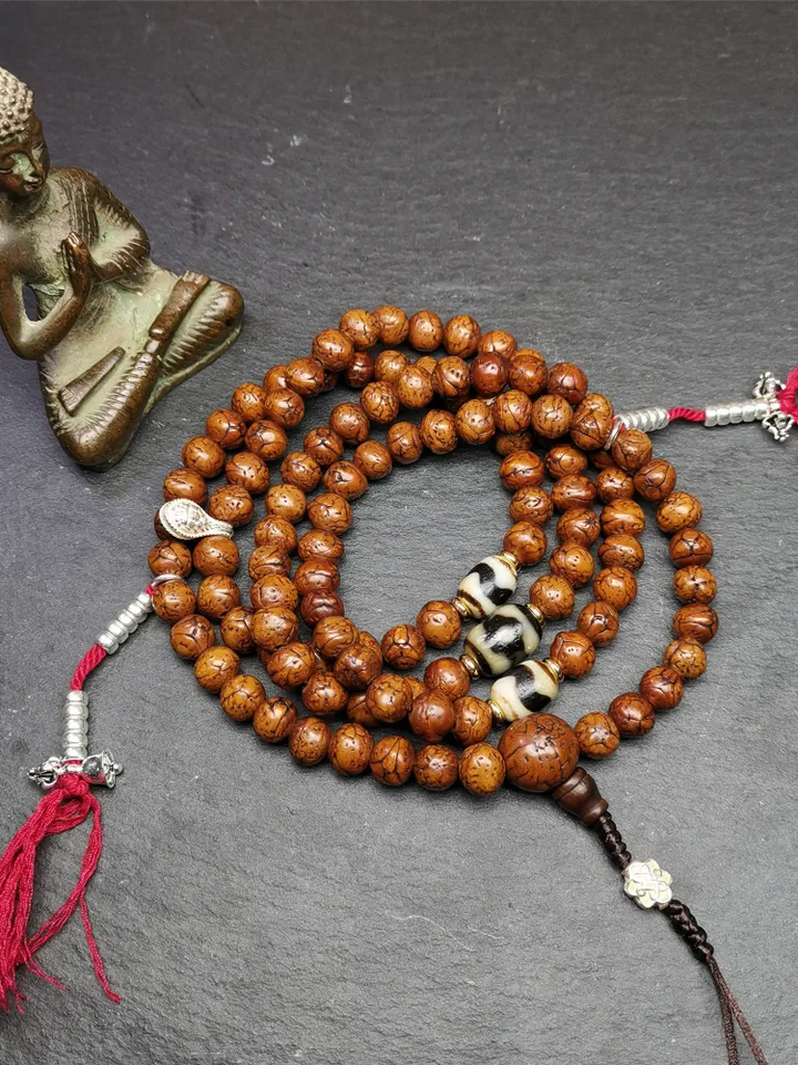 Gandhanra Old Tibetan Mala,Authentic 10mm 108 Dragon Eyes Bodhi Prayer Beads,with Dzi Spacer Beads,Silver Counters,40 Inches Length