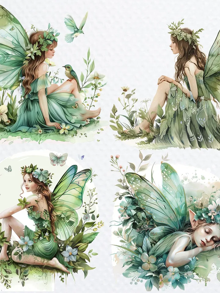 22 Forest Fairy PNG Bundle, Green Fairies Watercolor clipart for sublimation, High Quality PNGs, Digital download, Paper craft, junk journal