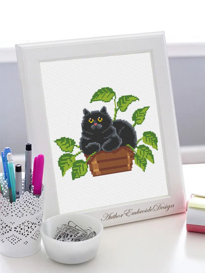 Black cat and plants cross stitch pattern PDF download House plant cross stitch chart, Funny cat pattern digital PDF, Cat lover gift #K45