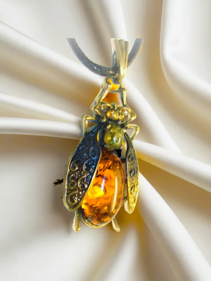 Beetle Insect pendant with Baltic Amber Jewelry Antique Gold Brass Vintage Style Cute Beetle necklace Nature Lovers idea Perfect Gift for Girlfriend Daughter Women Holiday Jewelry