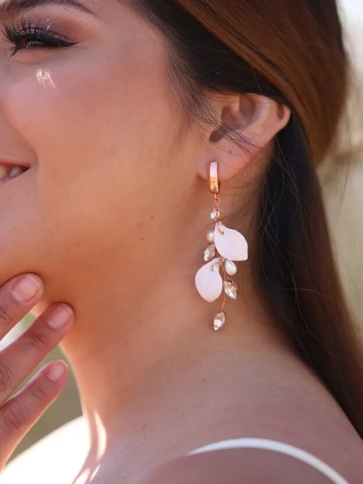 Boho Wedding Earrings, Delicate Porcelain Leaf Statement Wedding Earrings, Rose Gold Chandelier Bridal Earrings, Leaves Wedding Jewelry Set