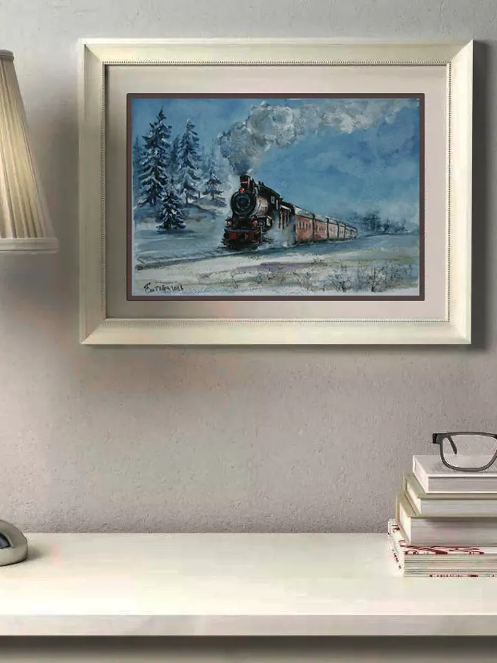 Among the snow. Original watecolor painting winter landscape with a steam locomotive 24x35 cm (9,5 х 13,8 inches)