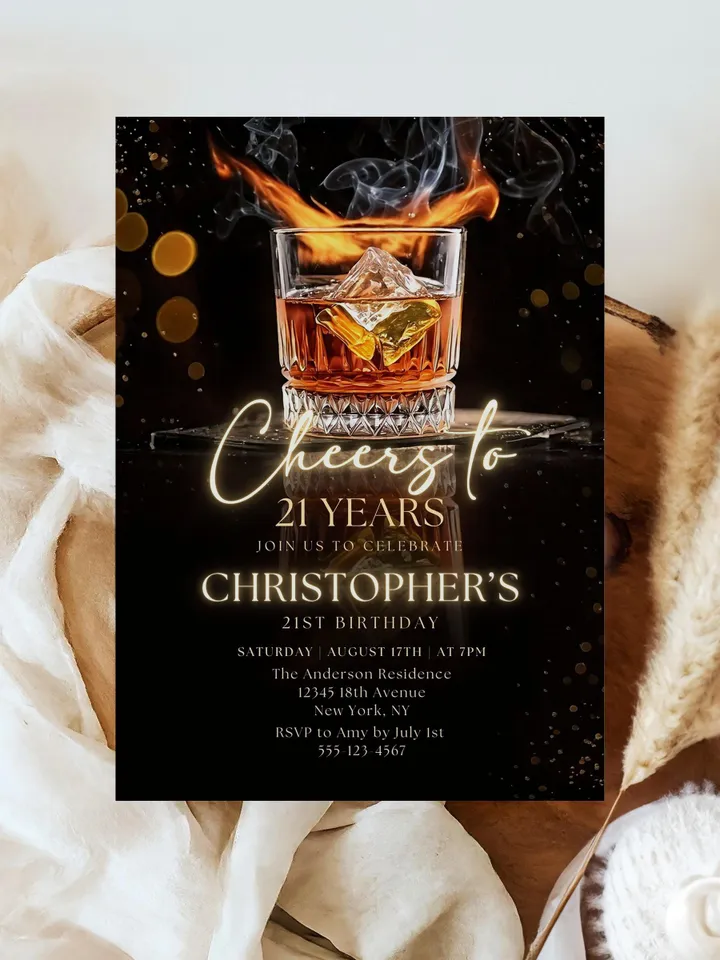 Whiskey Birthday Invitation, Surprise Party Adult, Cheers to 21 years, Cognac Scotch Liquor, Canva Editable Adult Men Birthday Invite