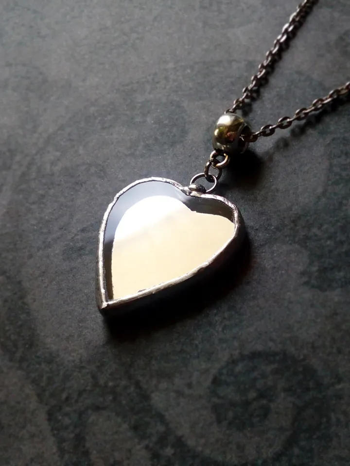 Mirror heart necklace, valentines, Stained glass, tiffany, Valentine's day, Tin soldered mirror, st Valentine heart