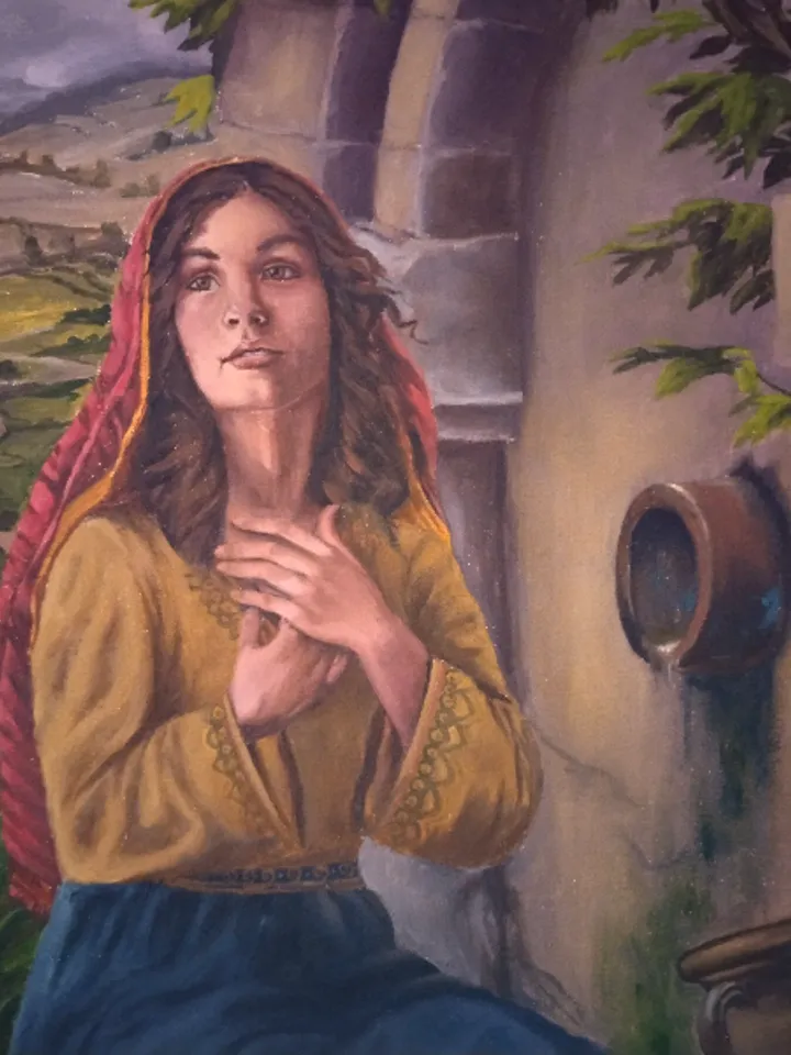 Christian Girl oil painting with landscape Religious inspiration Figurative art