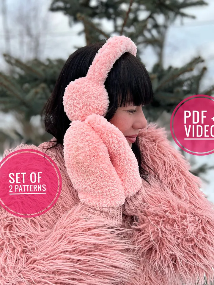 Set of 2 crochet patterns, mittens and earmuffs, PDF pattern and video tutorial, digital instant download