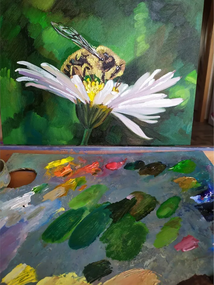 Bee painting Honeybee Original Art 10 by 14 Daisy wall art White Daisies artwork Bumblebee art by Natalia Plotnikova