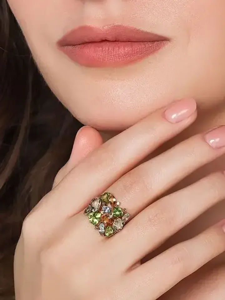 Ring made of 925 silver with gold plating with natural green amethyst, chrysolite, citrine and topaz Sky
