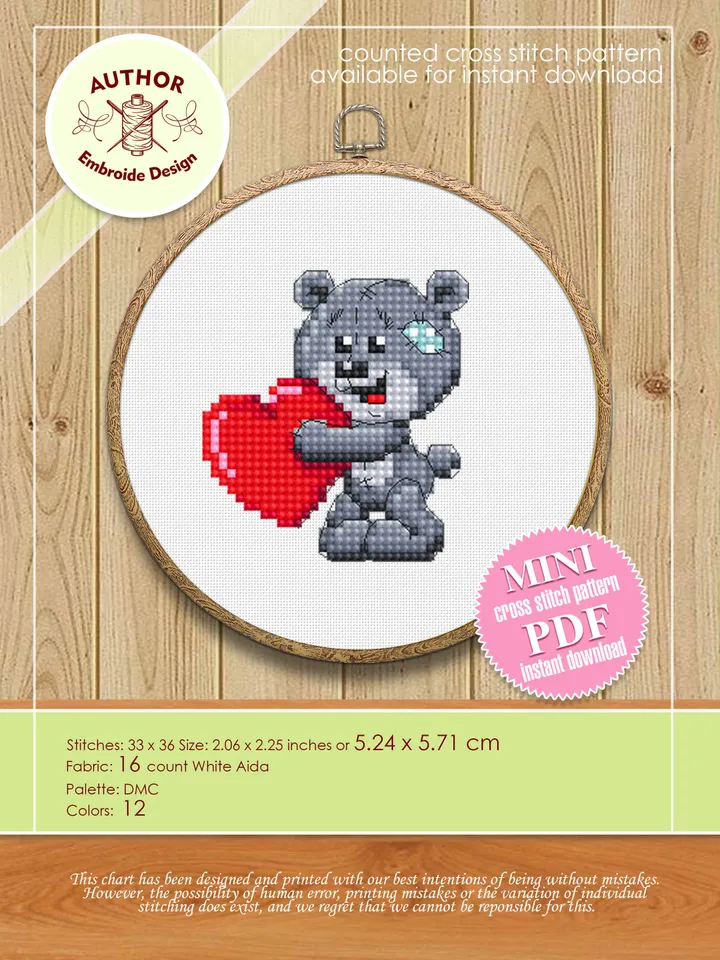 Small Valentine cross stitch pattern download PDF Cute bear cross stitch, Mini cross stitch chart, Easy beginner embroidery PDF #V19