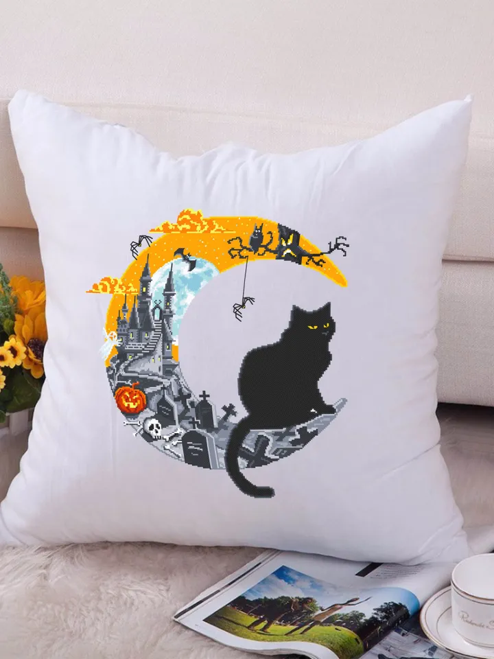 Halloween cat cross stitch pattern PDF download Crescent moon cross stitch chart, Halloween pattern digital PDF Haunted house, Black cat #H9
