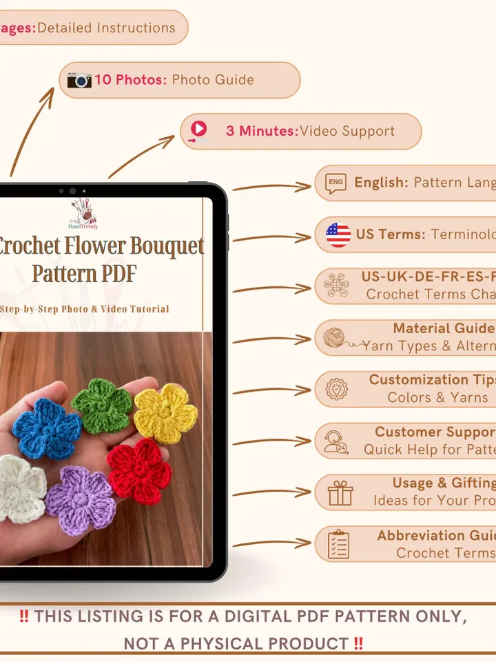 Crochet Small Flower Applique Pattern, Easy Floral Motif PDF, DIY Embellishment for Clothes, Handmade Decoration, Instant Download Crochet