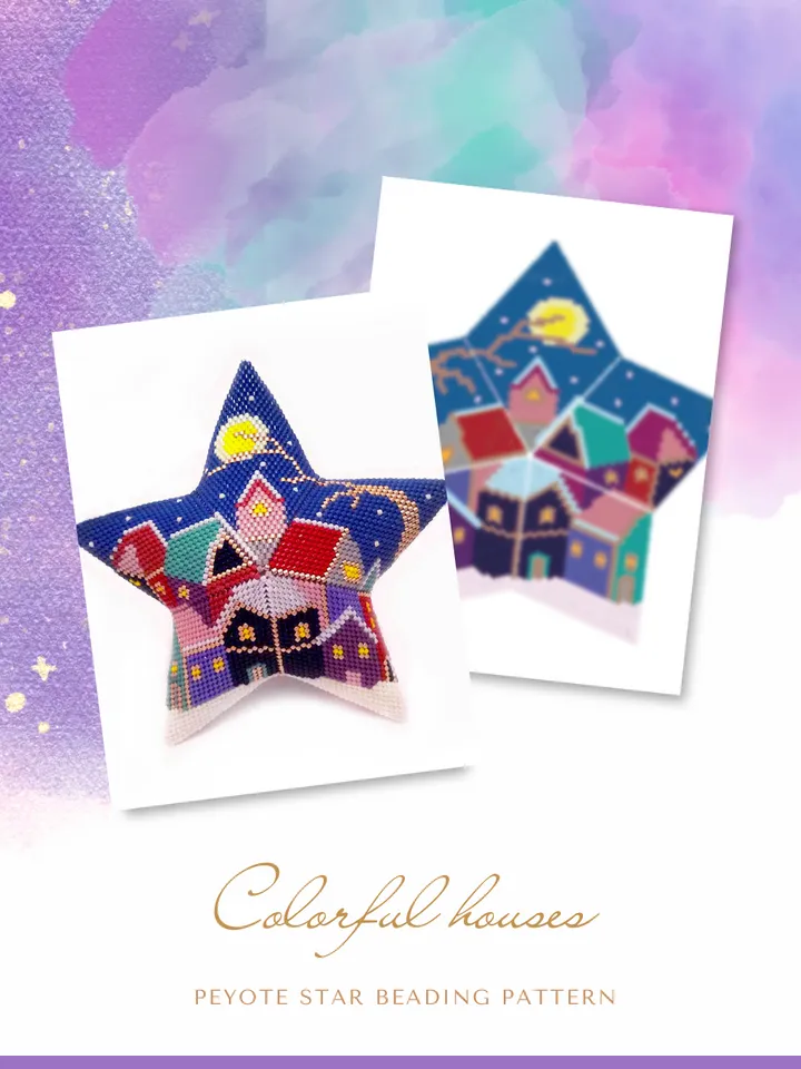 Beaded Star Colorful Houses, Beading PDF Pattern, Seed Bead Christmas Ornaments