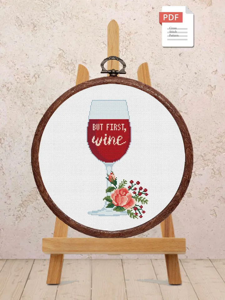 Set of 2 But First Wine Cross Stitch Pattern, Kitchen Cross Stitch, Embroidery Wine, But First Wine Pattern, Modern Cross Stitch #kt005