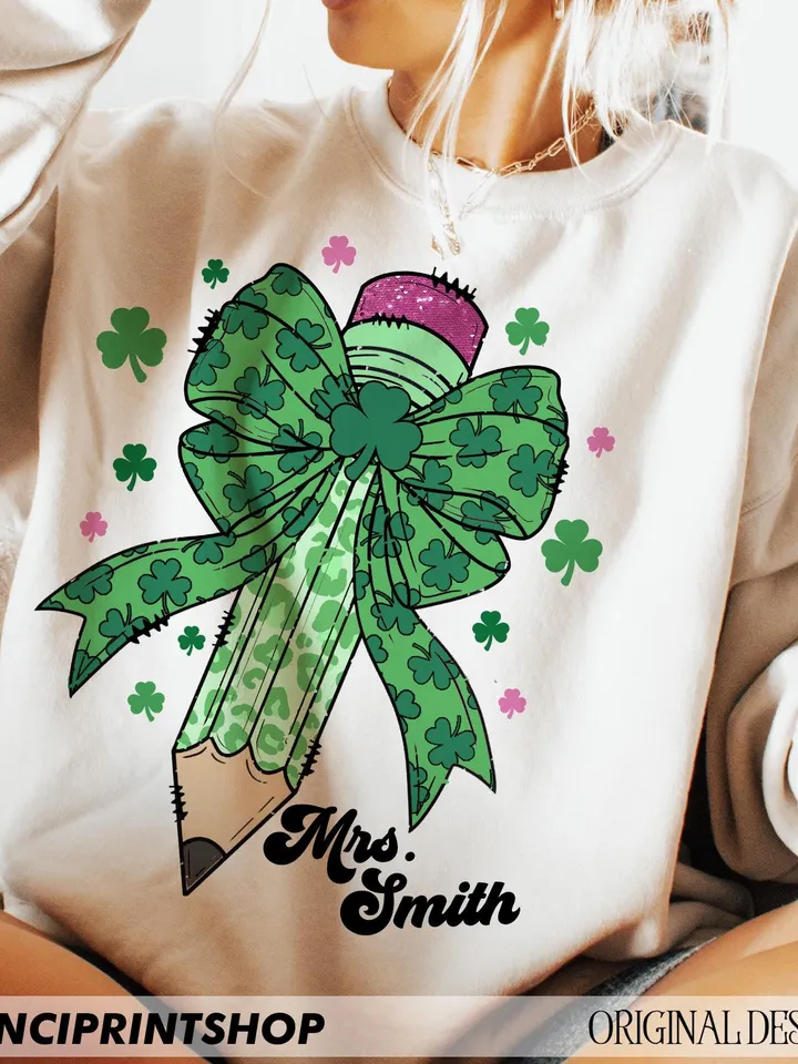Teacher St Patrick's Coquette Bow Pencil Png, St. Patrick's Day png, Teacher Gift Png, St. Patrick's Teacher png, Teacher png, Leopard print