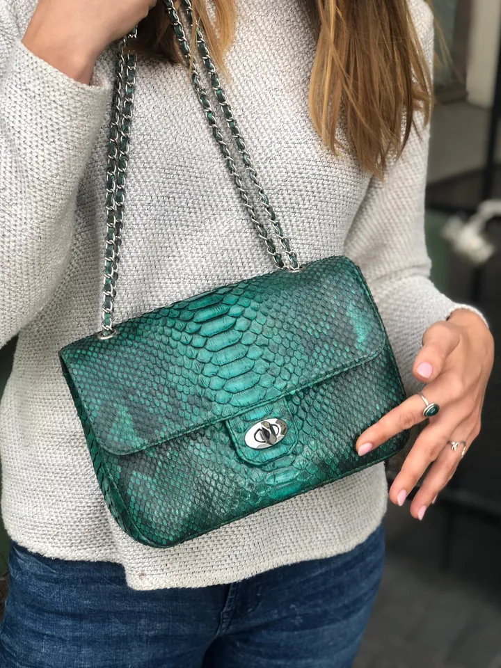 Genuine Python Skin Green Color Shiny Chain Bag | Shoulder Bag | Crossbody Bag | Green Leather Bag | Woman Classy Bag | Python Skin Bags