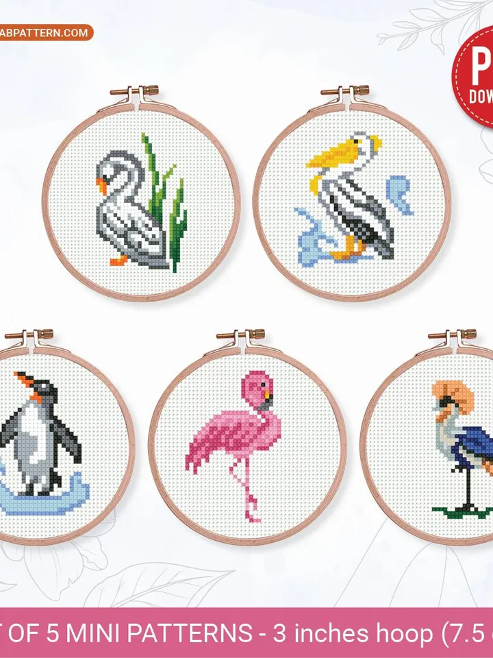Bundle mini Birds 5 Cross stitch patterns, contemporary, Abstract, 3 inches, beginner, Tiny, modern chart, gift DIY, embroidery, instant PDF