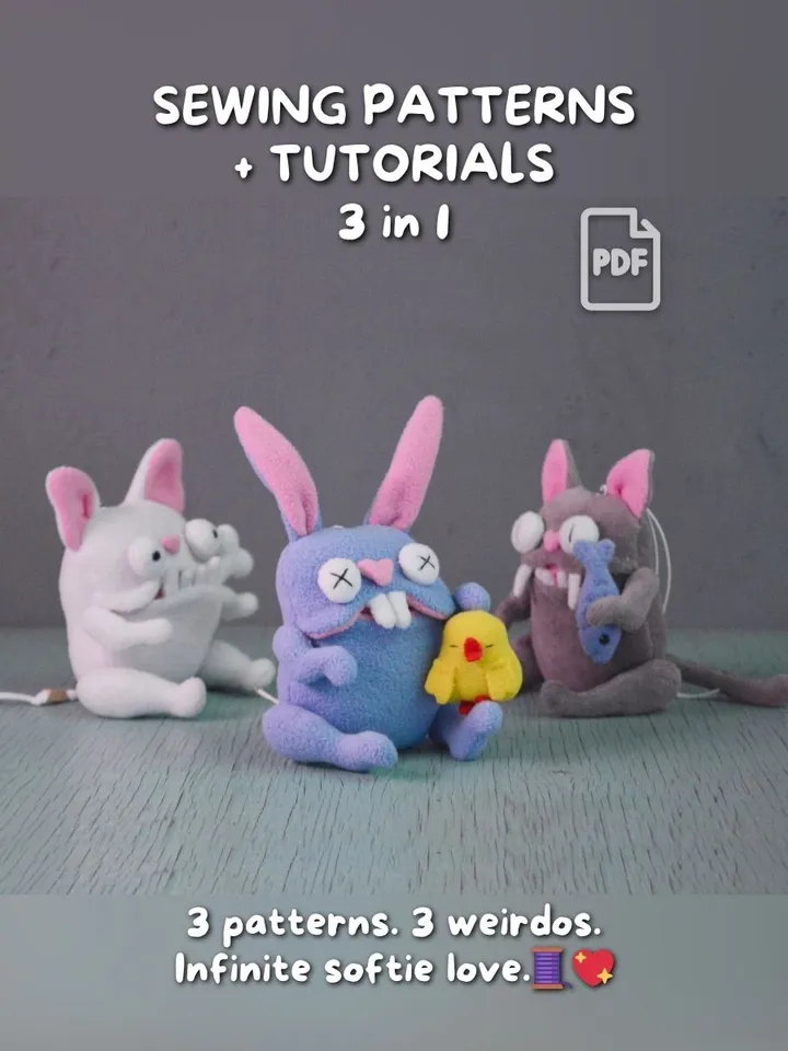 PDF Plush Toy Patterns – Fleece Softies Trio (Cat, Dog, Bunny)
