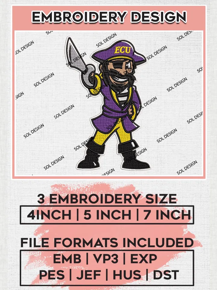 East Carolina Pirates Mascot Embroidery designs, NCAA East Carolina Pirates Team Embroidery, NCAA Teams, 3 sizes, NCAA Machine embroidery designs, Digital Download