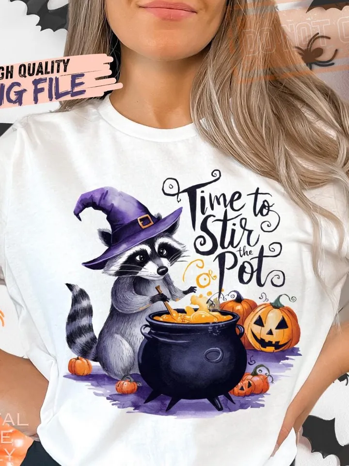 Time To Stir The Pot Png Funny Raccoon Witch Retro Halloween Png Spooky Season Png Funny Halloween Witch Brew Png Vintage design ORIGINAL