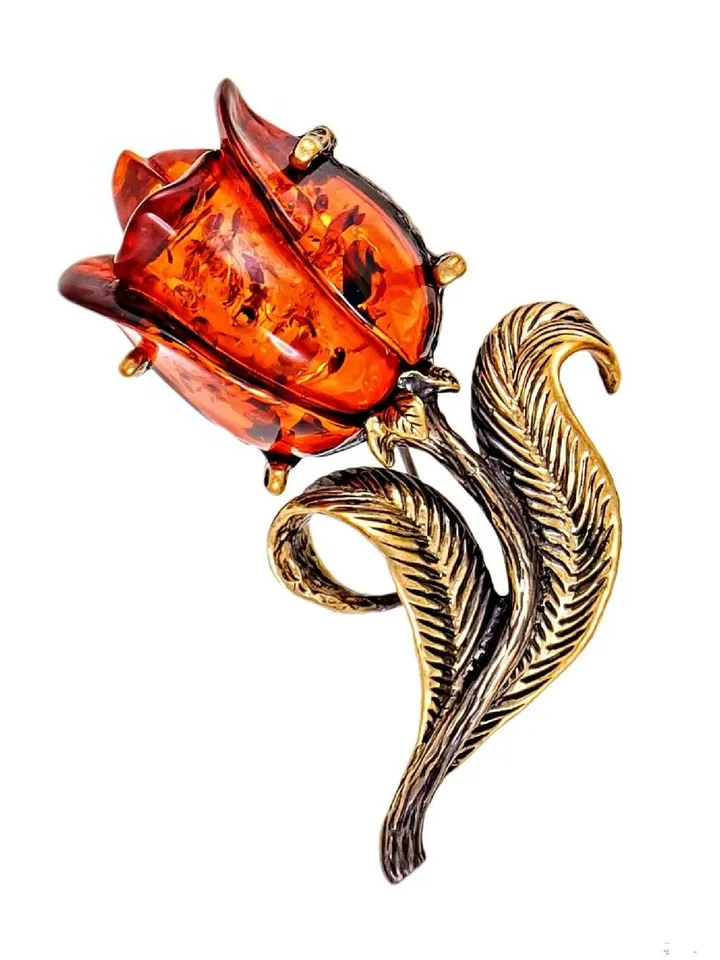 Tulip Flower Brooch Gift for women mom gift Summer Spring jewelry birthday holiday Gold Red color brass with amber