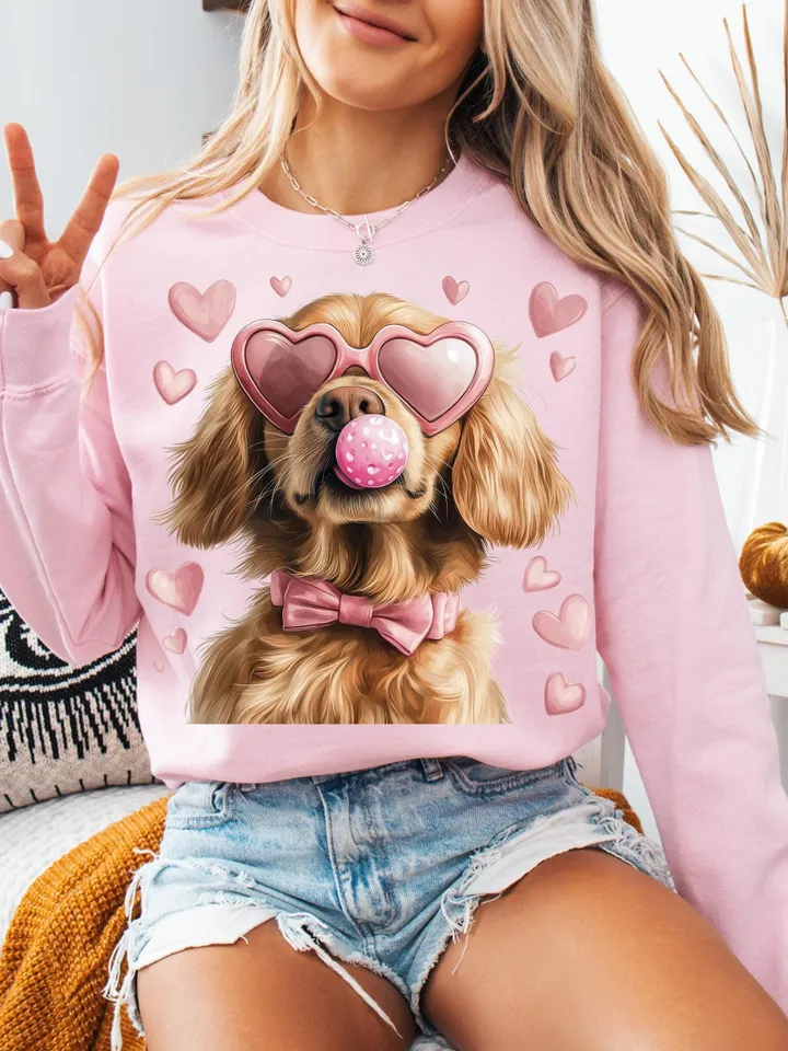 Valentine Dog Lovers png, Golden with heart-shaped glasses, Valentine png, Preppy valentine png, Watercolor Dog Coquette png, Dog Mom png