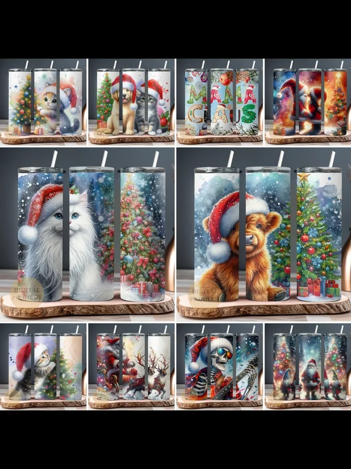10 Christmas 20 Oz Tumbler Wrap png Bundle, Christmas Sublimation Designs for Tumblers, Santa with Sleigh, Christmas Gnomes with Santa Cat