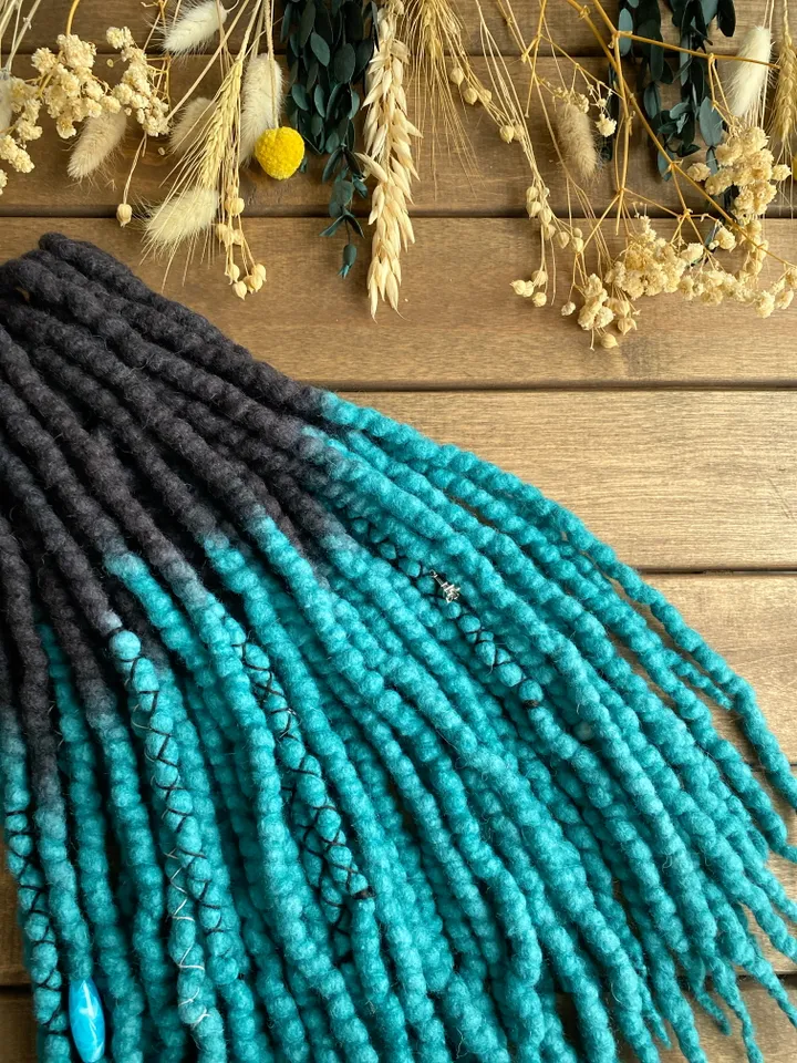 Black and turquoise ombre Wool Double Ended dreadlocks🖤