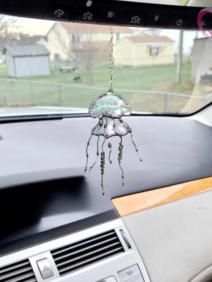 Mini Stained Glass Jellyfish Car Charm Suncatcher for Rear View Mirror Cute Car Accessories for Ocean Lover Gift under 20 Jellyfish Pendant
