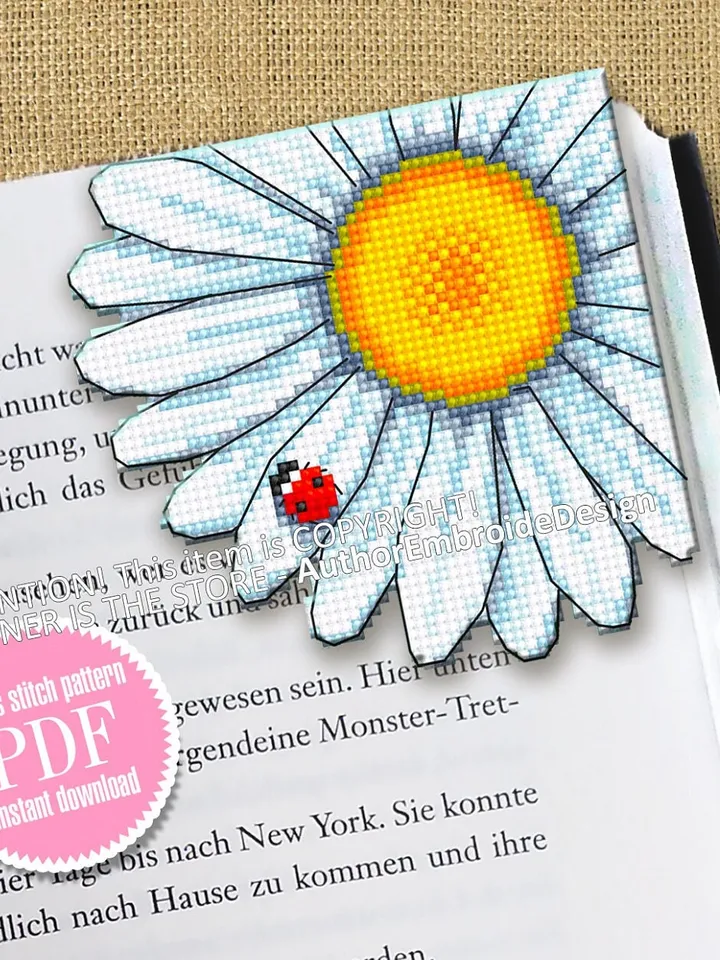 Corner bookmark cross stitch pattern PDF download Chamomile cross stitch chart, Flower bookmark pattern digital PDF Bookmark for women #B314