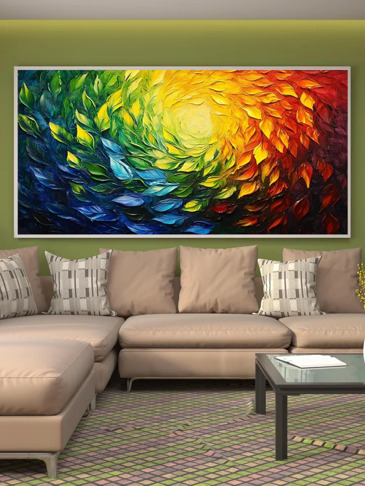 Abstract Rainbow Leaves Painting, Textured Impasto Art, Colorful Wall Art, 3D Canvas Art, Modern Art, Large Wall Decor, Living Room Decor