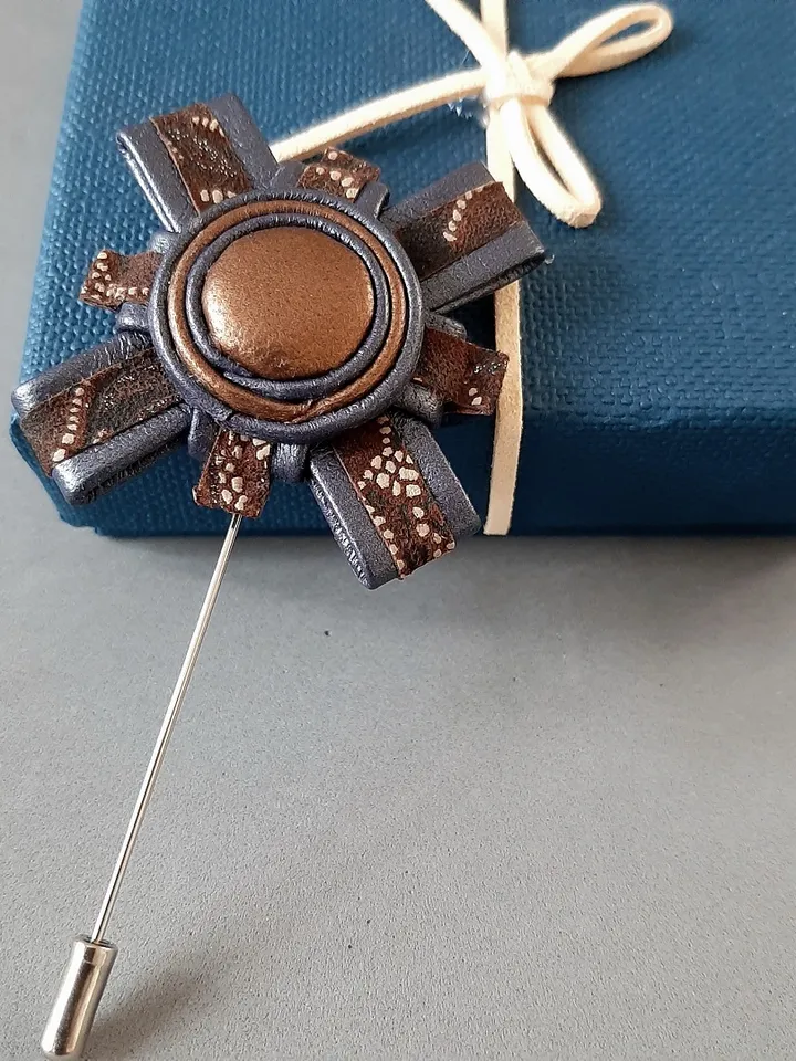 Medal men's lapel pin Leather boutonniere for him 3rd anniversary gift