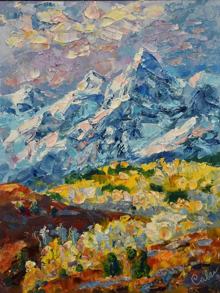 Mountains Painting Landscape Original Art America Artwork Oil Rockies Impasto hardboard