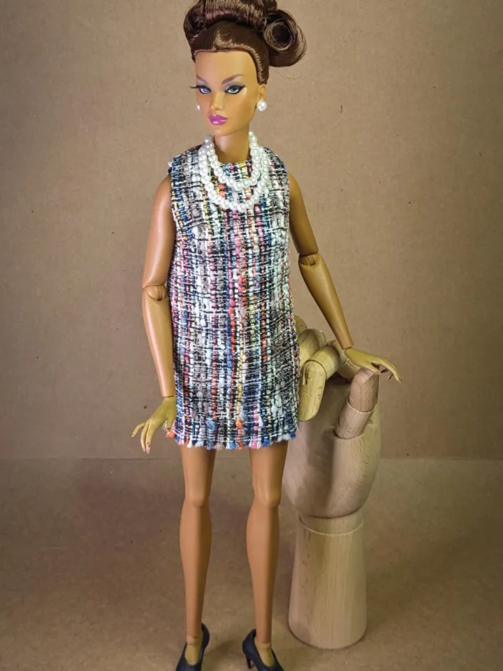 Handmade checked black & blue bouclé mini dress for 16-inch Fashion Royalty dolls (FR16)