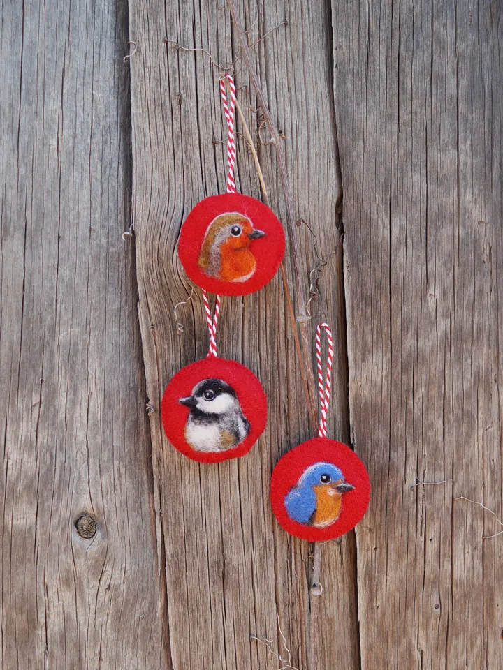 Set of 3 birds Christmas ornament, robin needle felted ornament, bluebird ornament, ships from the USA