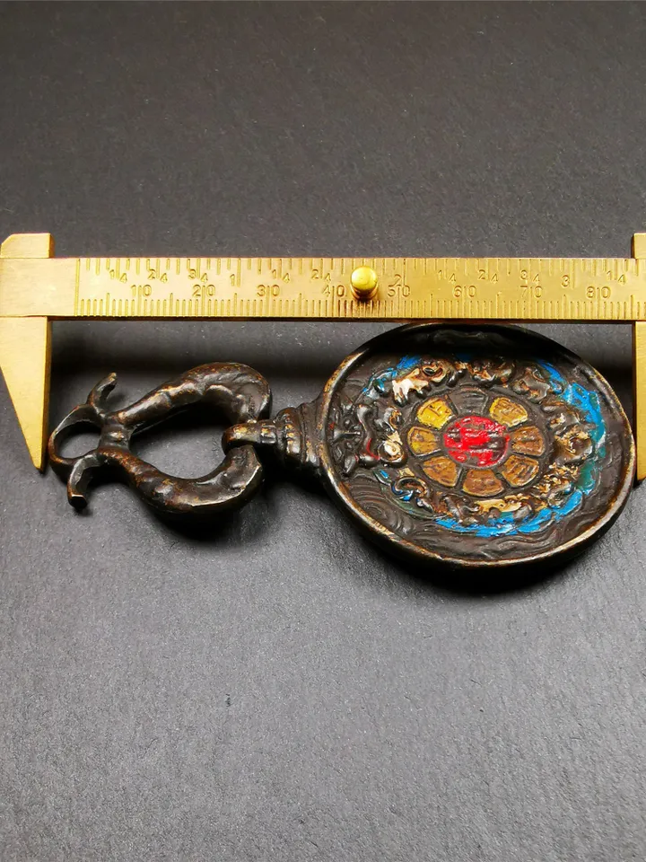 Gandhanra Vintage Tibetan Buddhist Calendar Badge,Panjaranata Mahakala Melong Mirror, SIPAHO Amulet(srid pa ho),Made of Brass,1.89&quot;