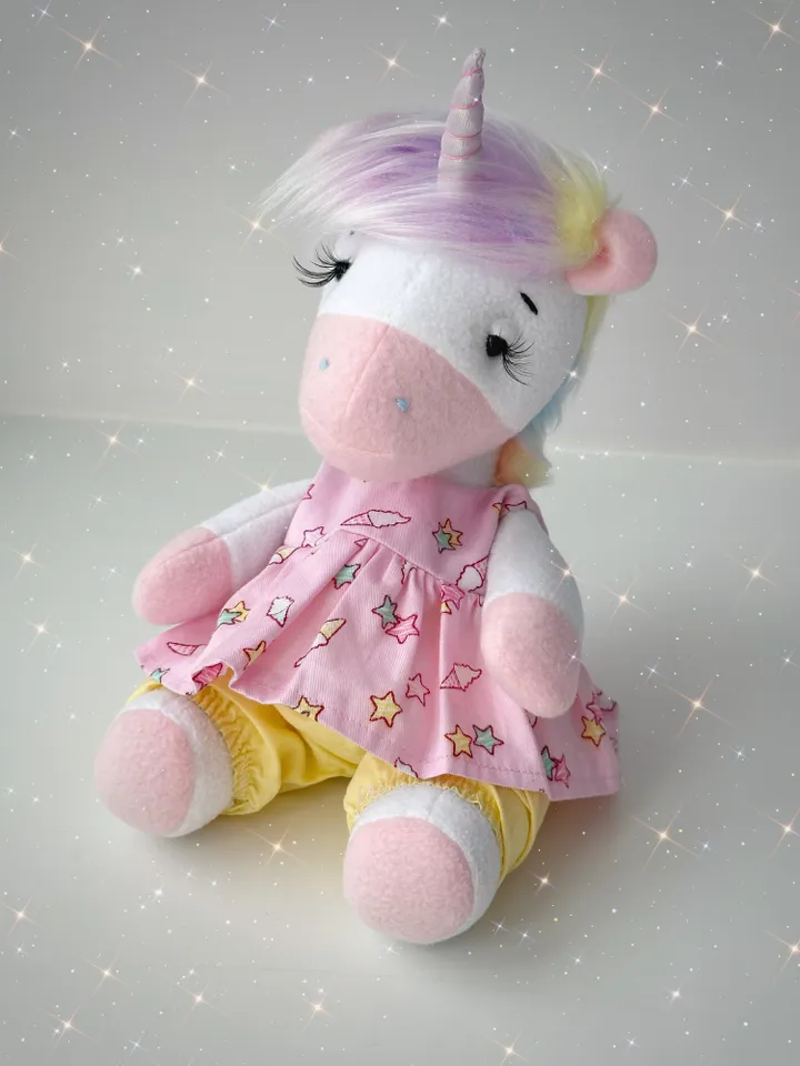 Handmade Unicorn Doll in dress. Soft plush toy. Fairy cute animal.