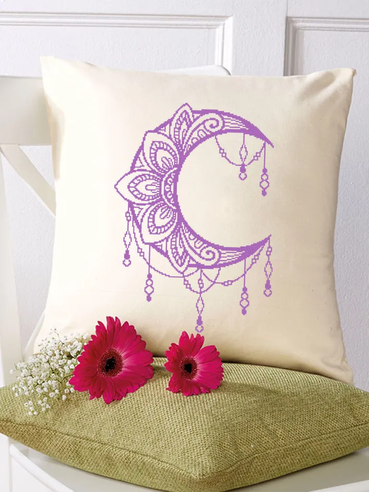 Crescent moon cross stitch pattern PDF download Mandala cross stitch chart, Mandala moon pattern digital PDF, Moon ornament embroidery #M192