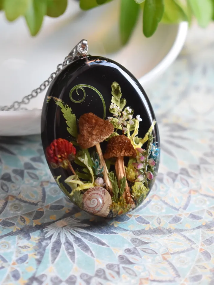 Real mushroom necklace. Pendant with a forest composition. Necklace with dried mushrooms in resin.
