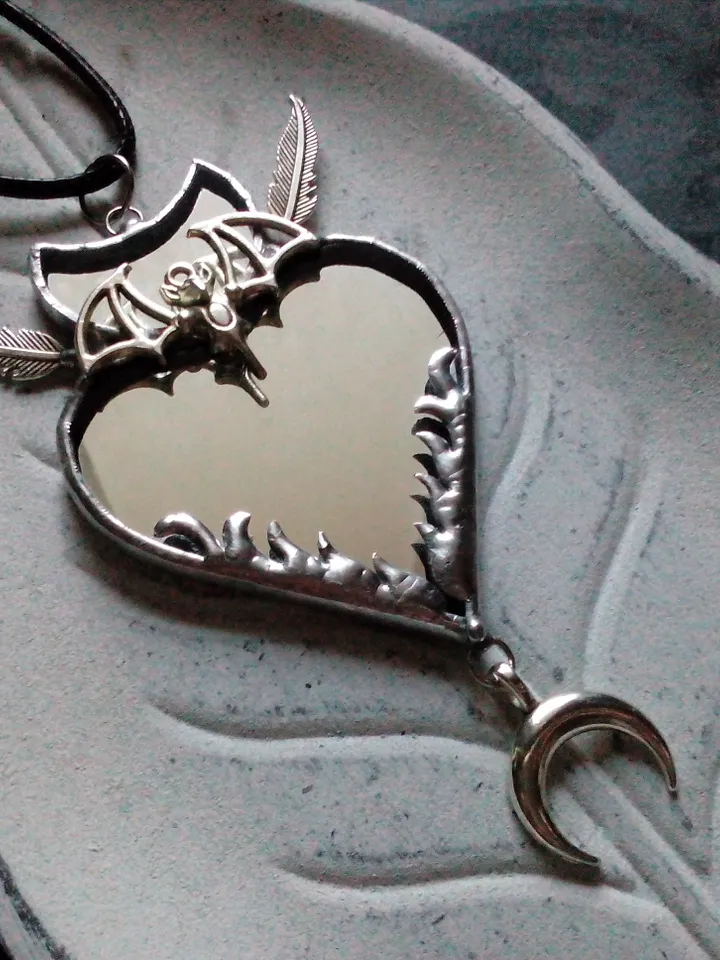 Stained glass scrying mirror, Black goth ornate mirror, Bat mirror, Car hanger, Witch mirror, Heart mirror