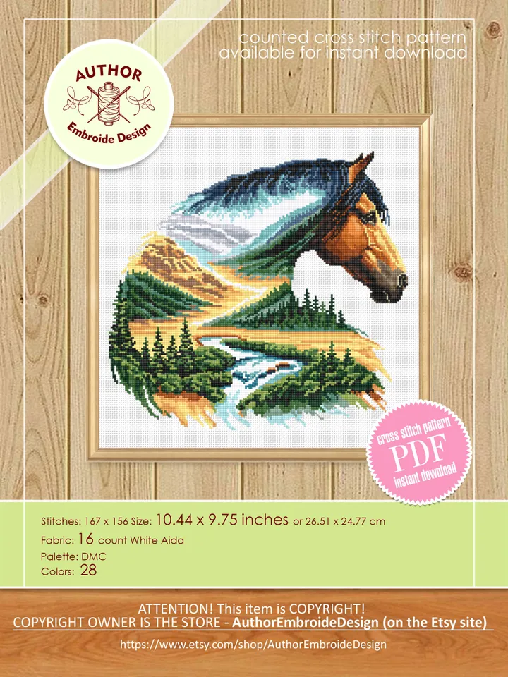 Watercolor horse cross stitch pattern PDF download Nature landscape cross stitch chart, Horse pattern digital PDF, Gift for horse lover #L82