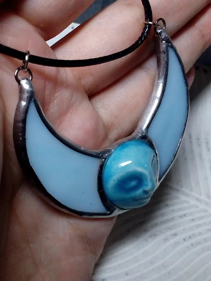 Stained glass blue moon, moon phase necklace, stainglass crescent, full moon pendant, moon face
