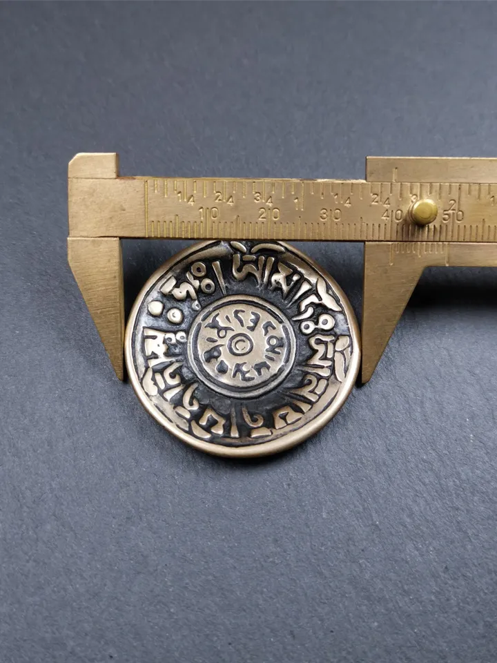Gandhanra Vintage Tibetan Buddhist Amulet,Om Badge Pendant, Mantra of Om Mani Padme Hum, Made of Lima Brass,1.58"
