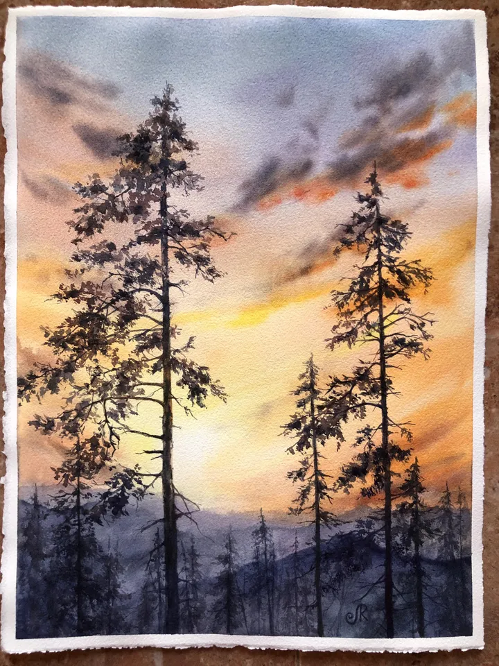 Sunset Original Painting Forest Watercolor Painting Trees Landscape Wall Art